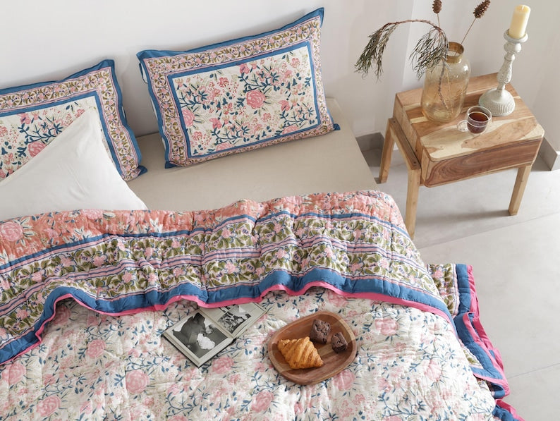 Blue White Indian Jaipuri Block Print Cotton Razai