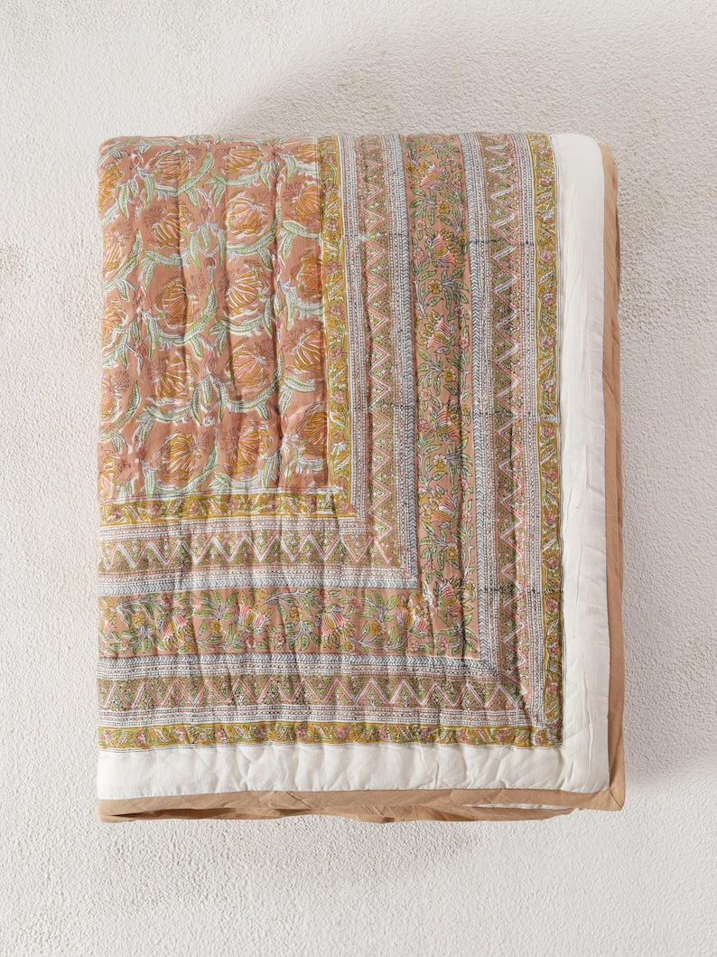 Green Pink Indian Breathable Hand Block Cotton Filling Razai