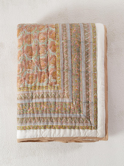 Green Pink Indian Breathable Hand Block Cotton Filling Razai