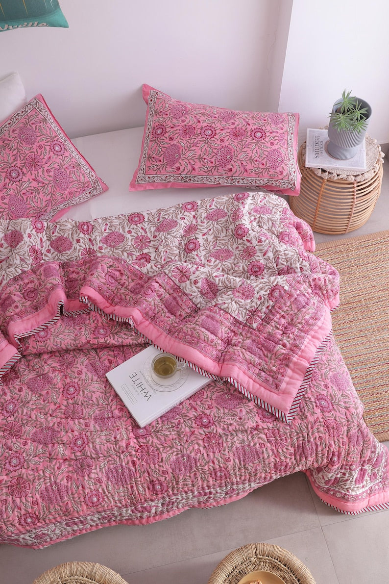 Pink Rose Natural Indian Cotton Reversible Winter Quilt