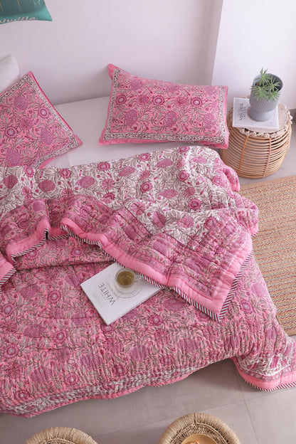 Pink Rose Natural Indian Cotton Reversible Winter Quilt