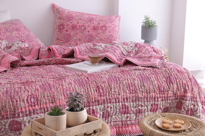 Pink Rose Natural Indian Cotton Reversible Winter Quilt
