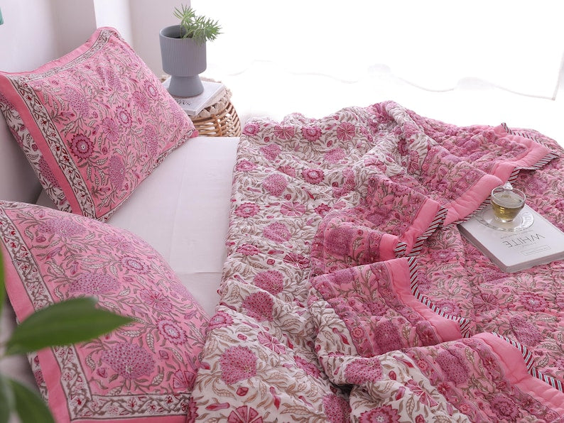 Pink Rose Natural Indian Cotton Reversible Winter Quilt
