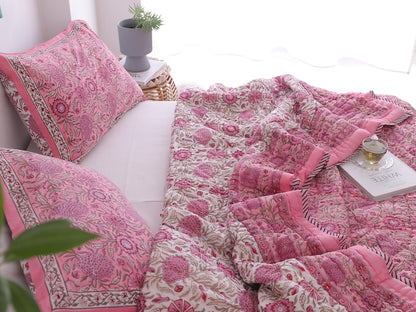Pink Rose Natural Indian Cotton Reversible Winter Quilt