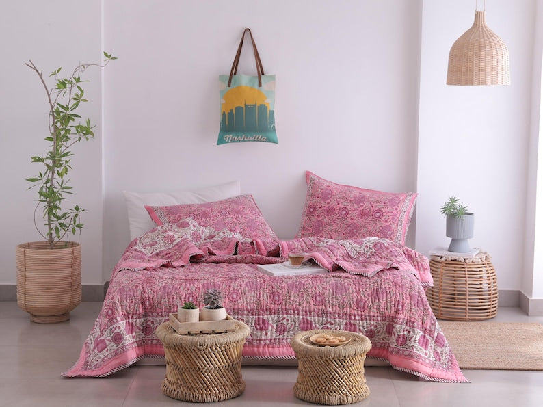 Pink Rose Natural Indian Cotton Reversible Winter Quilt