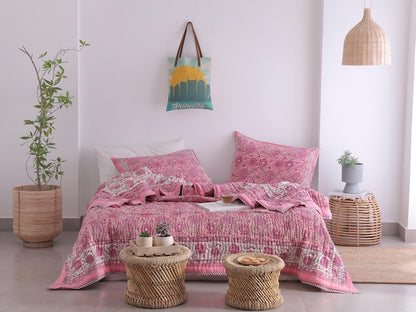 Pink Rose Natural Indian Cotton Reversible Winter Quilt