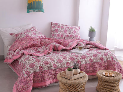 Pink Rose Natural Indian Cotton Reversible Winter Quilt