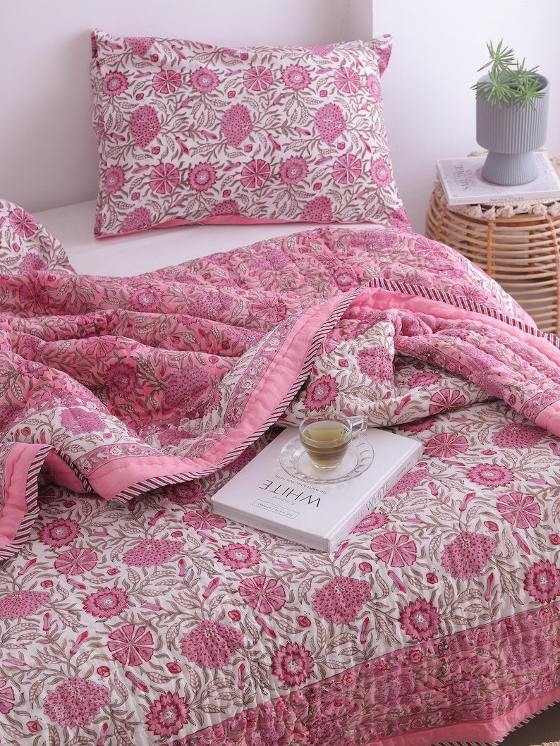 Pink Rose Natural Indian Cotton Reversible Winter Quilt