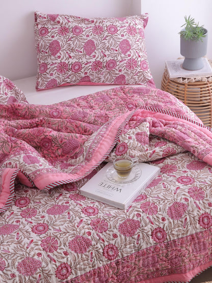 Pink Rose Natural Indian Cotton Reversible Winter Quilt
