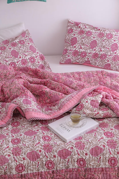 Pink Rose Natural Indian Cotton Reversible Winter Quilt