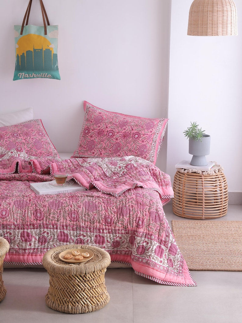 Pink Rose Natural Indian Cotton Reversible Winter Quilt