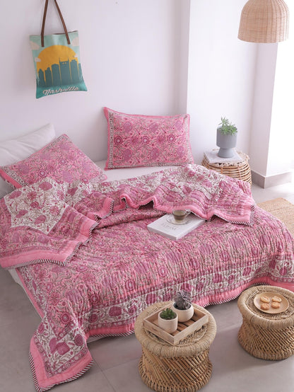 Pink Rose Natural Indian Cotton Reversible Winter Quilt