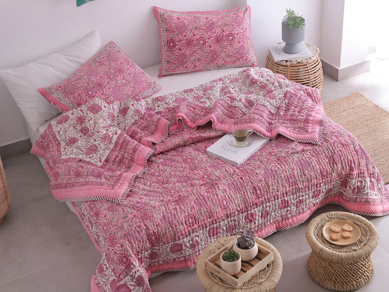 Pink Rose Natural Indian Cotton Reversible Winter Quilt
