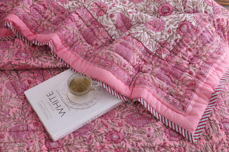 Pink Rose Natural Indian Cotton Reversible Winter Quilt