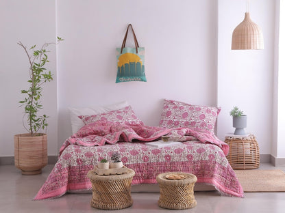 Pink Rose Natural Indian Cotton Reversible Winter Quilt