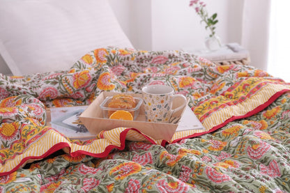Green, Burnt Orange Handmade Jaipuri Hand Block Cotton Quilt