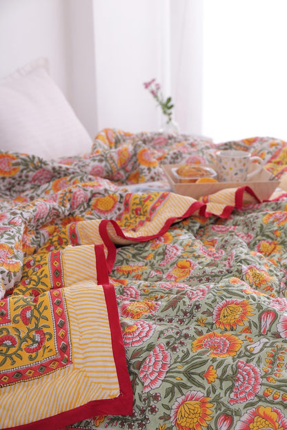 Green, Burnt Orange Handmade Jaipuri Hand Block Cotton Quilt