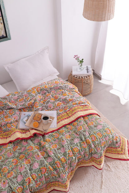 Green, Burnt Orange Handmade Jaipuri Hand Block Cotton Quilt
