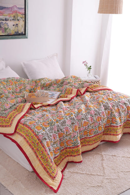 Green, Burnt Orange Handmade Jaipuri Hand Block Cotton Quilt