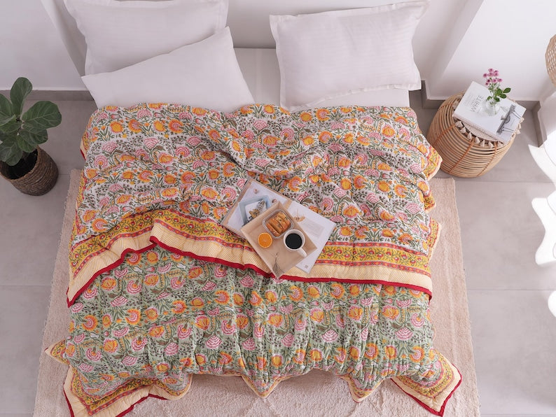 Green, Burnt Orange Handmade Jaipuri Hand Block Cotton Quilt