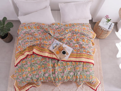 Green, Burnt Orange Handmade Jaipuri Hand Block Cotton Quilt