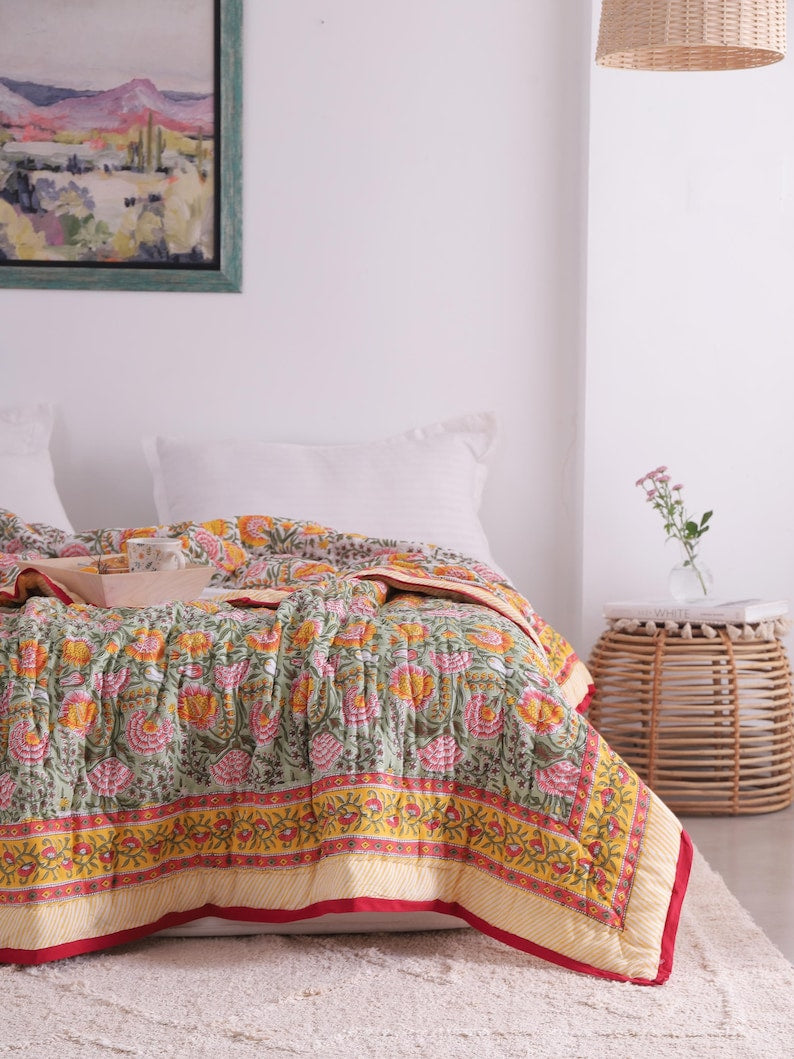 Green, Burnt Orange Handmade Jaipuri Hand Block Cotton Quilt