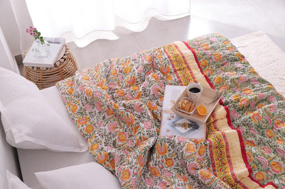 Green, Burnt Orange Handmade Jaipuri Hand Block Cotton Quilt