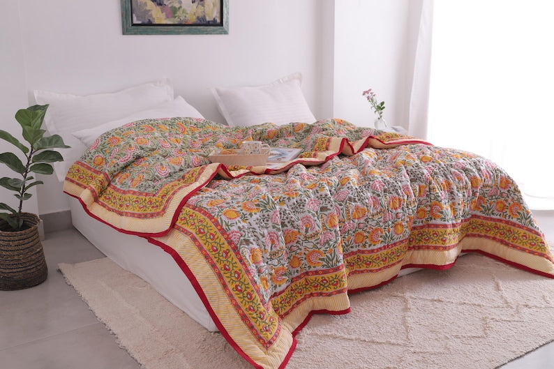 Green, Burnt Orange Handmade Jaipuri Hand Block Cotton Quilt