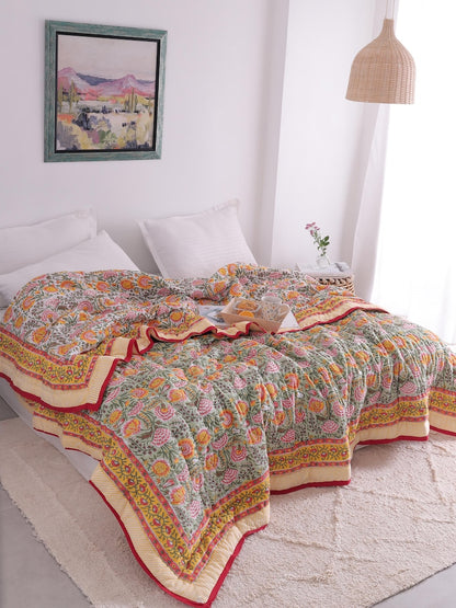 Green, Burnt Orange Handmade Jaipuri Hand Block Cotton Quilt
