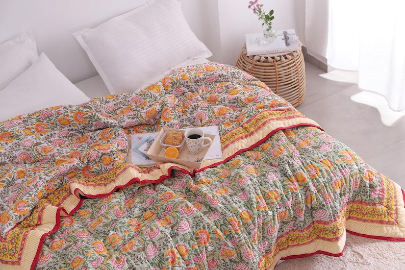 Green, Burnt Orange Handmade Jaipuri Hand Block Cotton Quilt