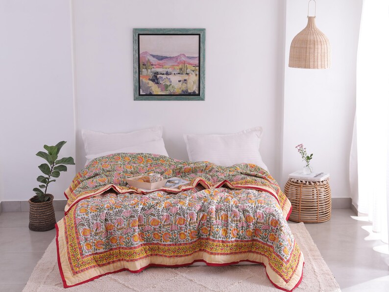 Green, Burnt Orange Handmade Jaipuri Hand Block Cotton Quilt