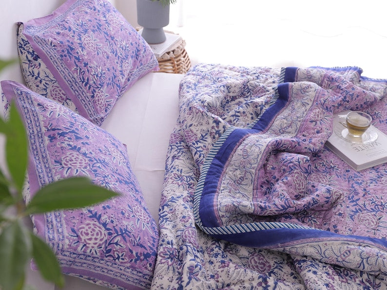 Purple Indian Cotton Quilt – Hand Block Printed Comfort All-Season