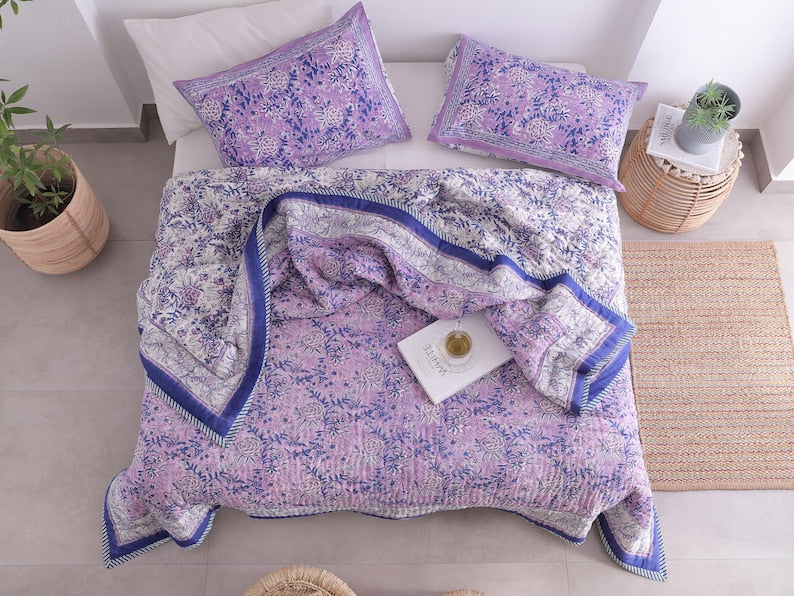 Purple Indian Cotton Quilt – Hand Block Printed Comfort All-Season