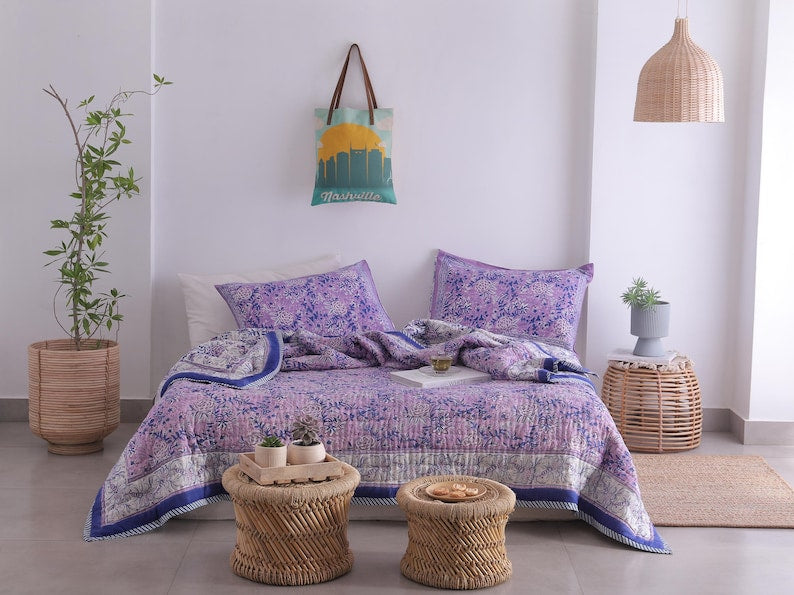 Purple Indian Cotton Quilt – Hand Block Printed Comfort All-Season