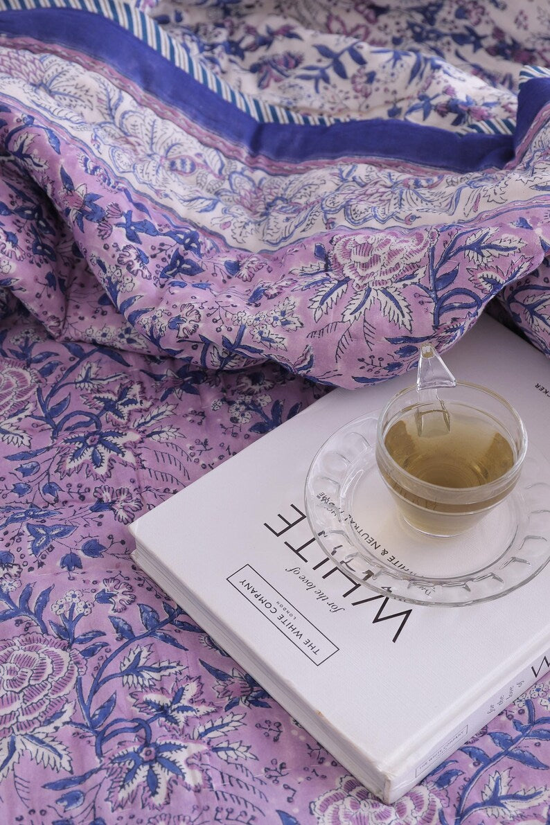 Purple Indian Cotton Quilt – Hand Block Printed Comfort All-Season