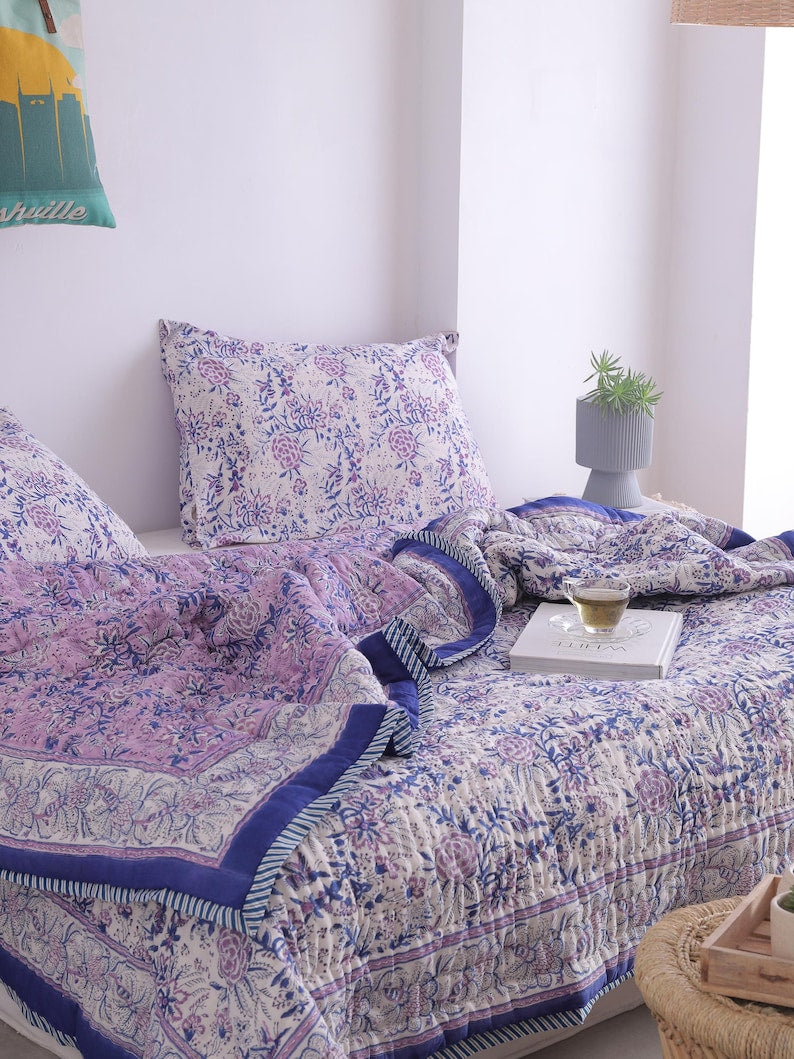 Purple Indian Cotton Quilt – Hand Block Printed Comfort All-Season