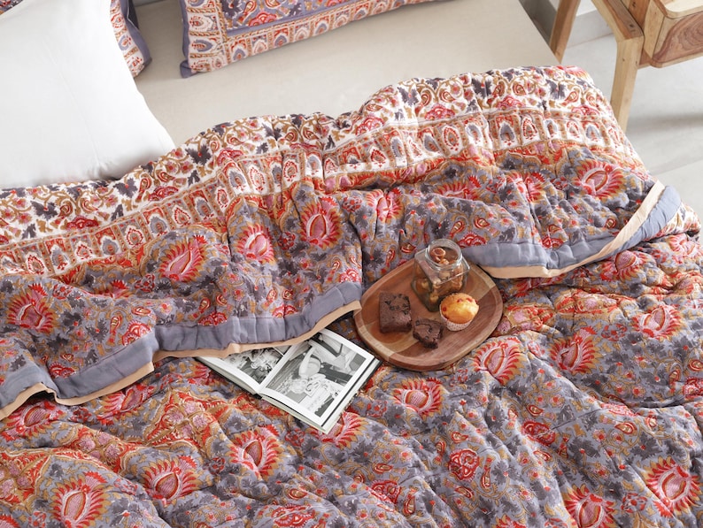 Red Floral Reversible Cotton Hand Block Quilt - Designer Quilts For Beds