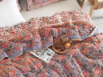 Red Floral Reversible Cotton Hand Block Quilt - Designer Quilts For Beds