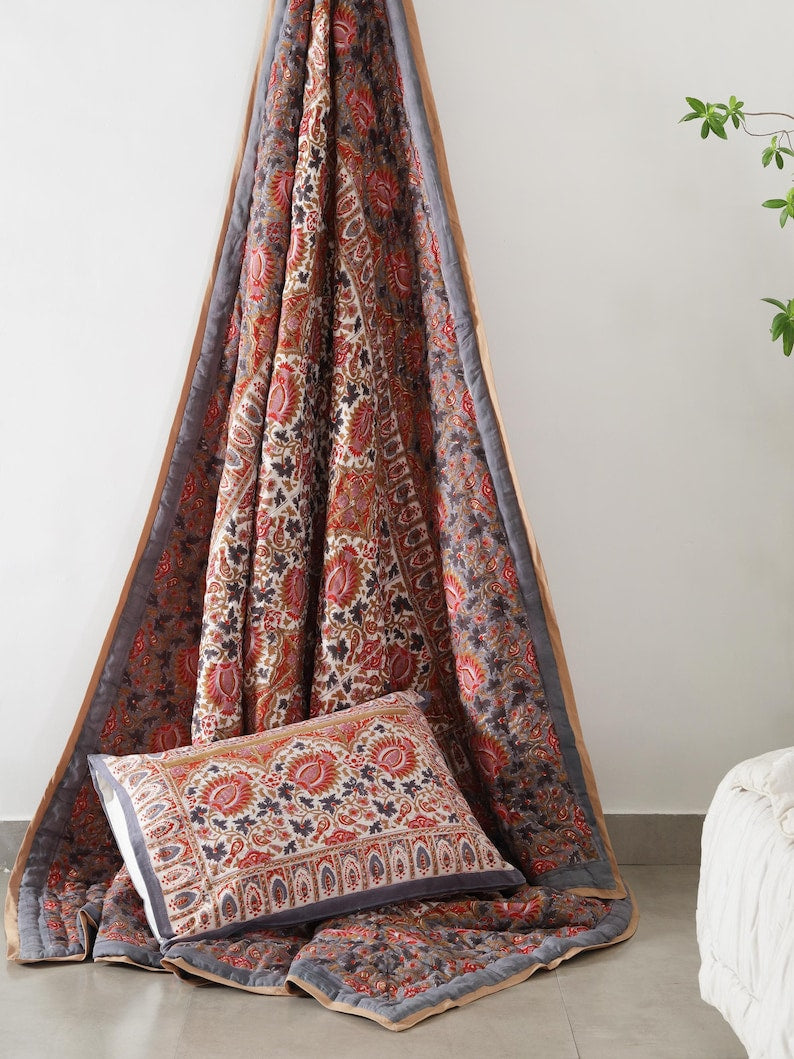 Red Floral Reversible Cotton Hand Block Quilt - Designer Quilts For Beds