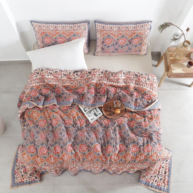 Red Floral Reversible Cotton Hand Block Quilt - Designer Quilts For Beds