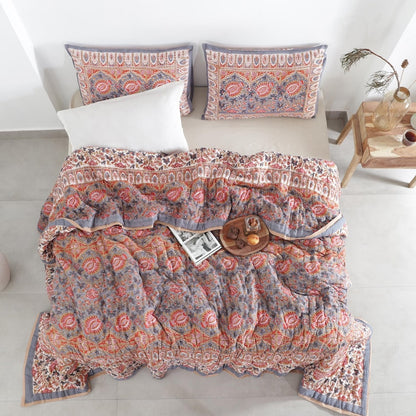 Red Floral Reversible Cotton Hand Block Quilt - Designer Quilts For Beds