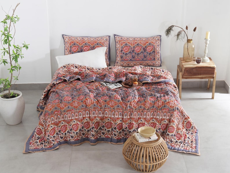 Red Floral Reversible Cotton Hand Block Quilt - Designer Quilts For Beds