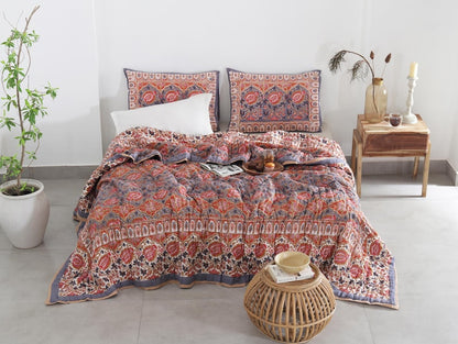 Red Floral Reversible Cotton Hand Block Quilt - Designer Quilts For Beds