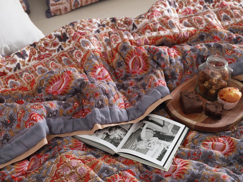 Red Floral Reversible Cotton Hand Block Quilt - Designer Quilts For Beds