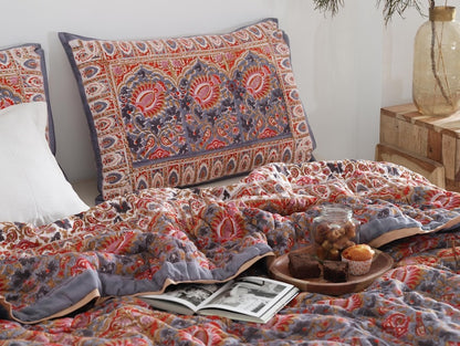 Red Floral Reversible Cotton Hand Block Quilt - Designer Quilts For Beds