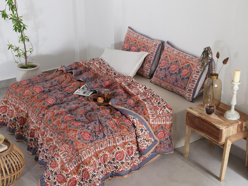 Red Floral Reversible Cotton Hand Block Quilt - Designer Quilts For Beds