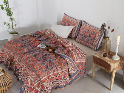Red Floral Reversible Cotton Hand Block Quilt - Designer Quilts For Beds