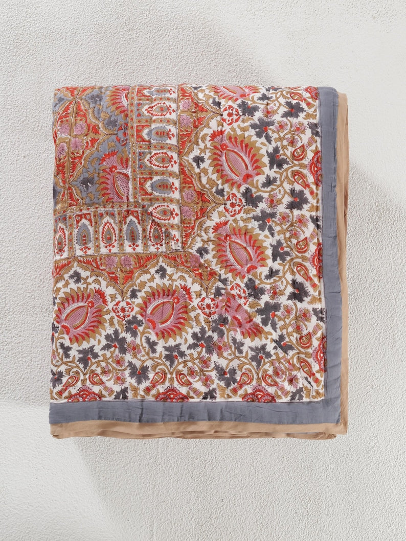 Red Floral Reversible Cotton Hand Block Quilt - Designer Quilts For Beds