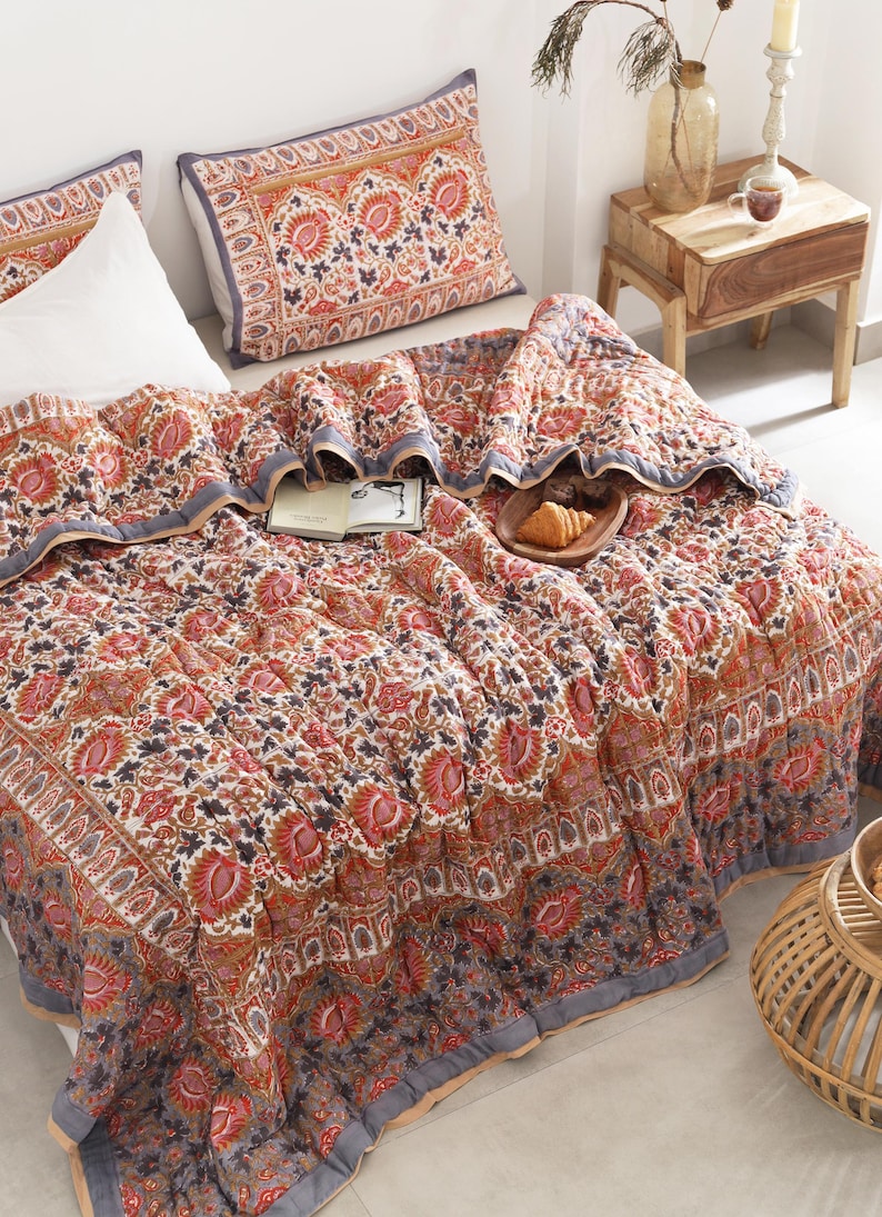 Red Floral Reversible Cotton Hand Block Quilt - Designer Quilts For Beds