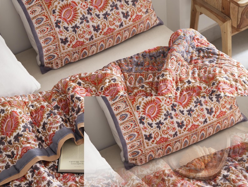 Red Floral Reversible Cotton Hand Block Quilt - Designer Quilts For Beds